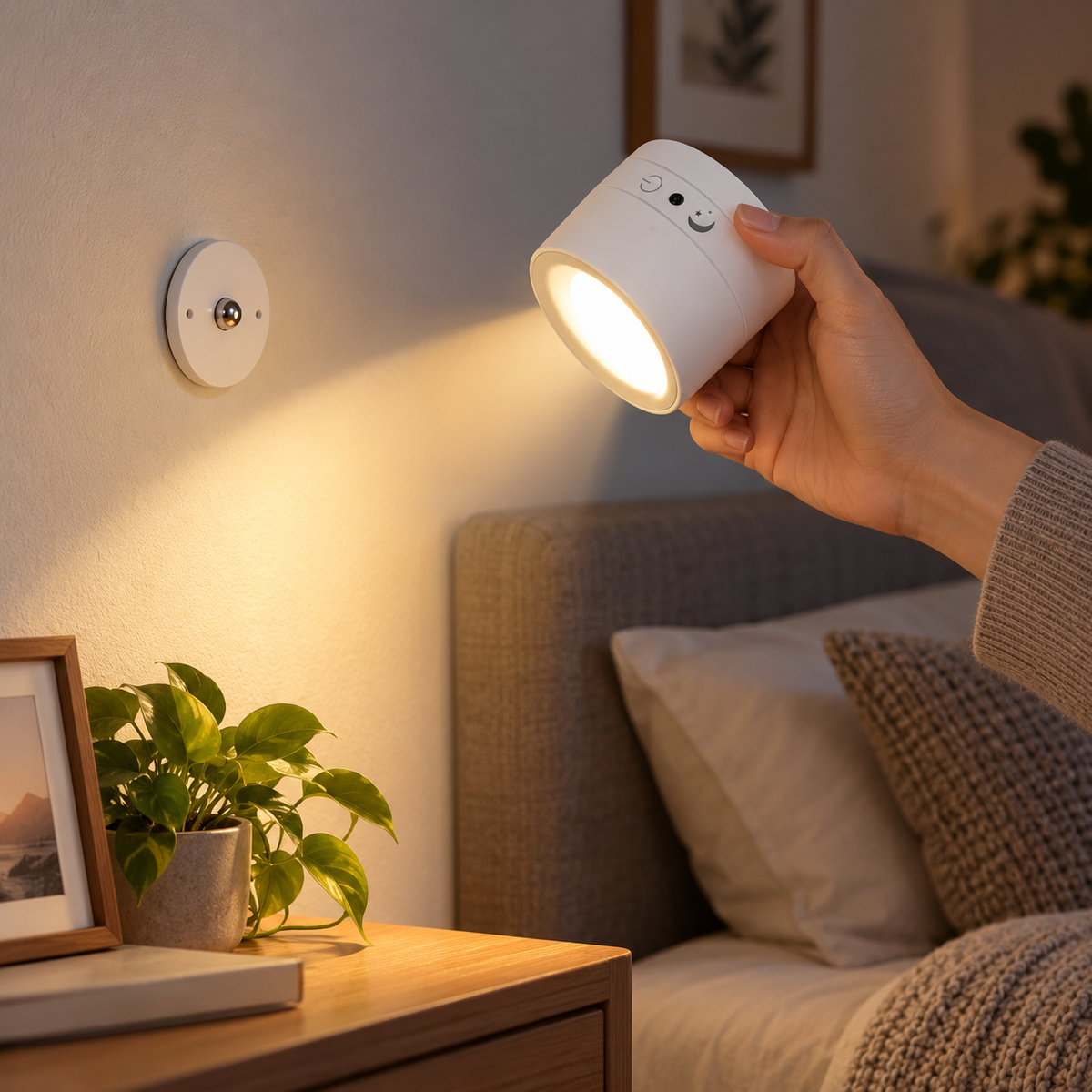 White magnetic LED wall lamp removed from its base for handheld use