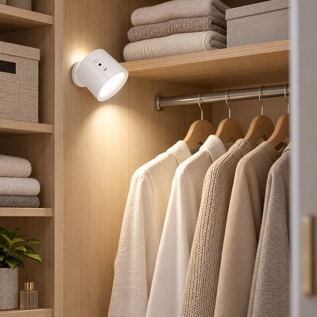 White rotating rechargeable LED wall sconce illuminating a wardrobe