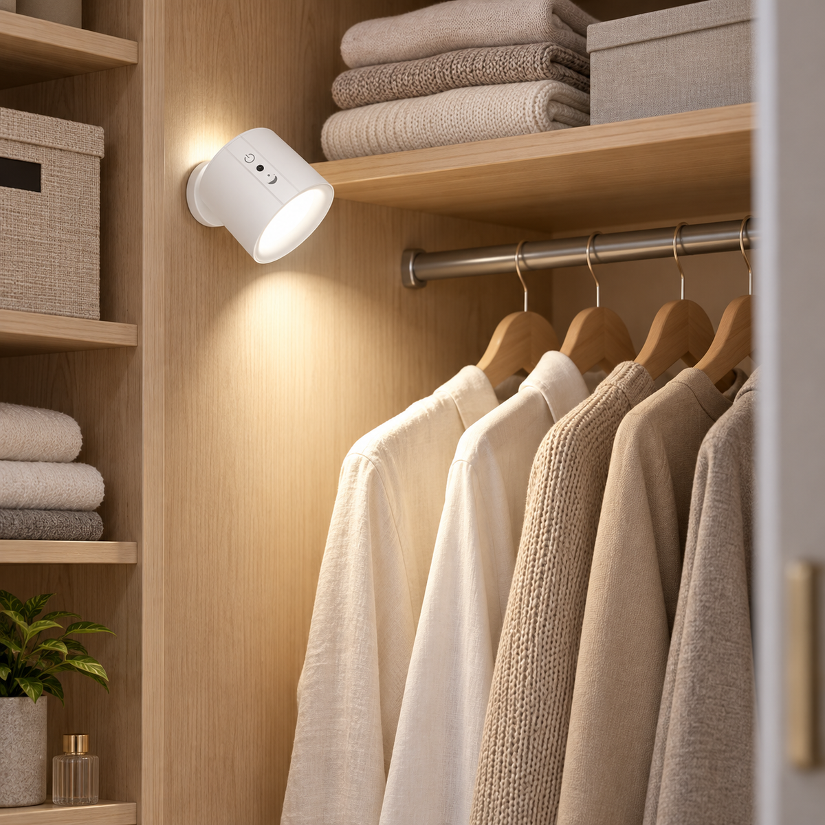 White rotating rechargeable LED wall sconce illuminating a wardrobe