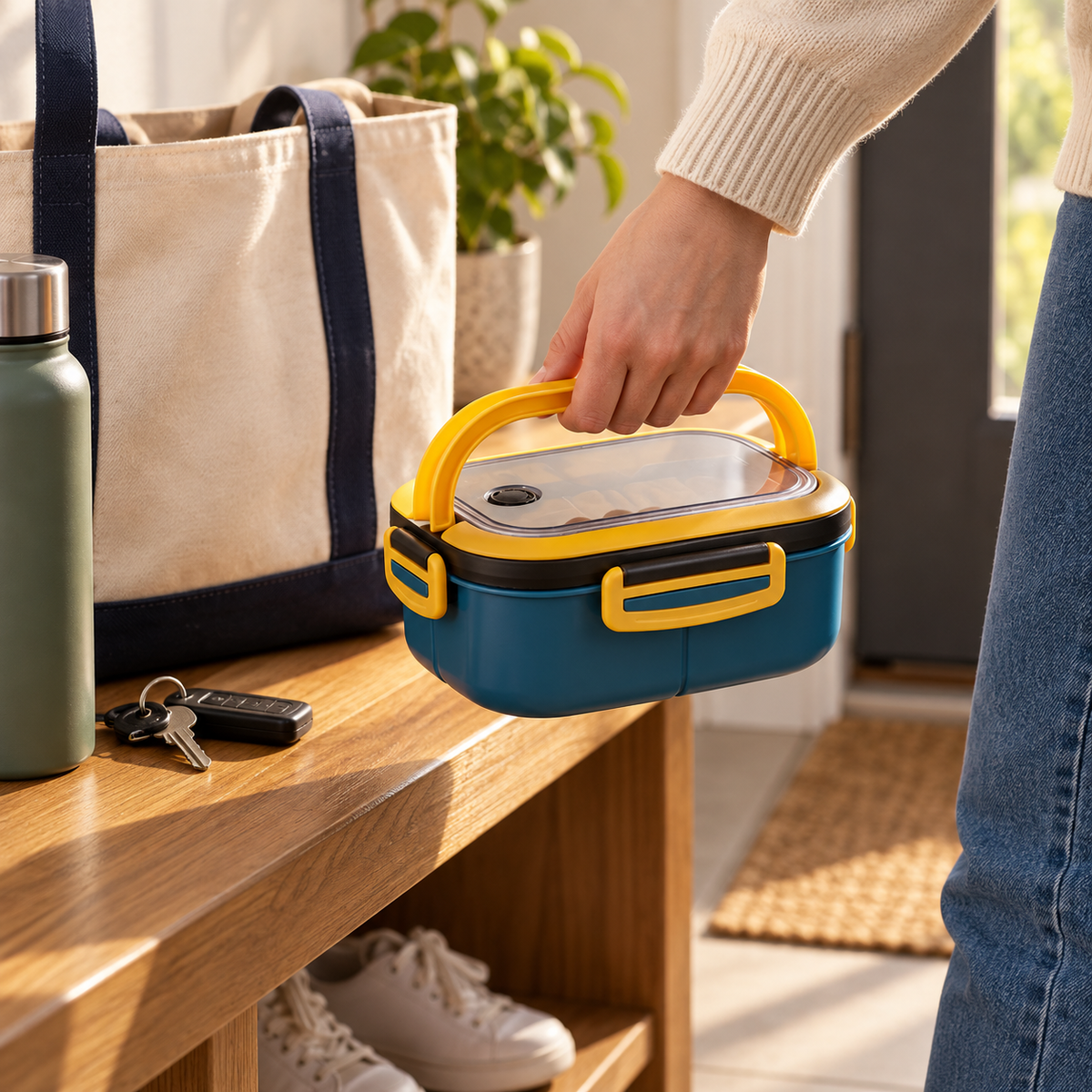 Blue and yellow double-layer lunch box carried by its handle beside a work tote