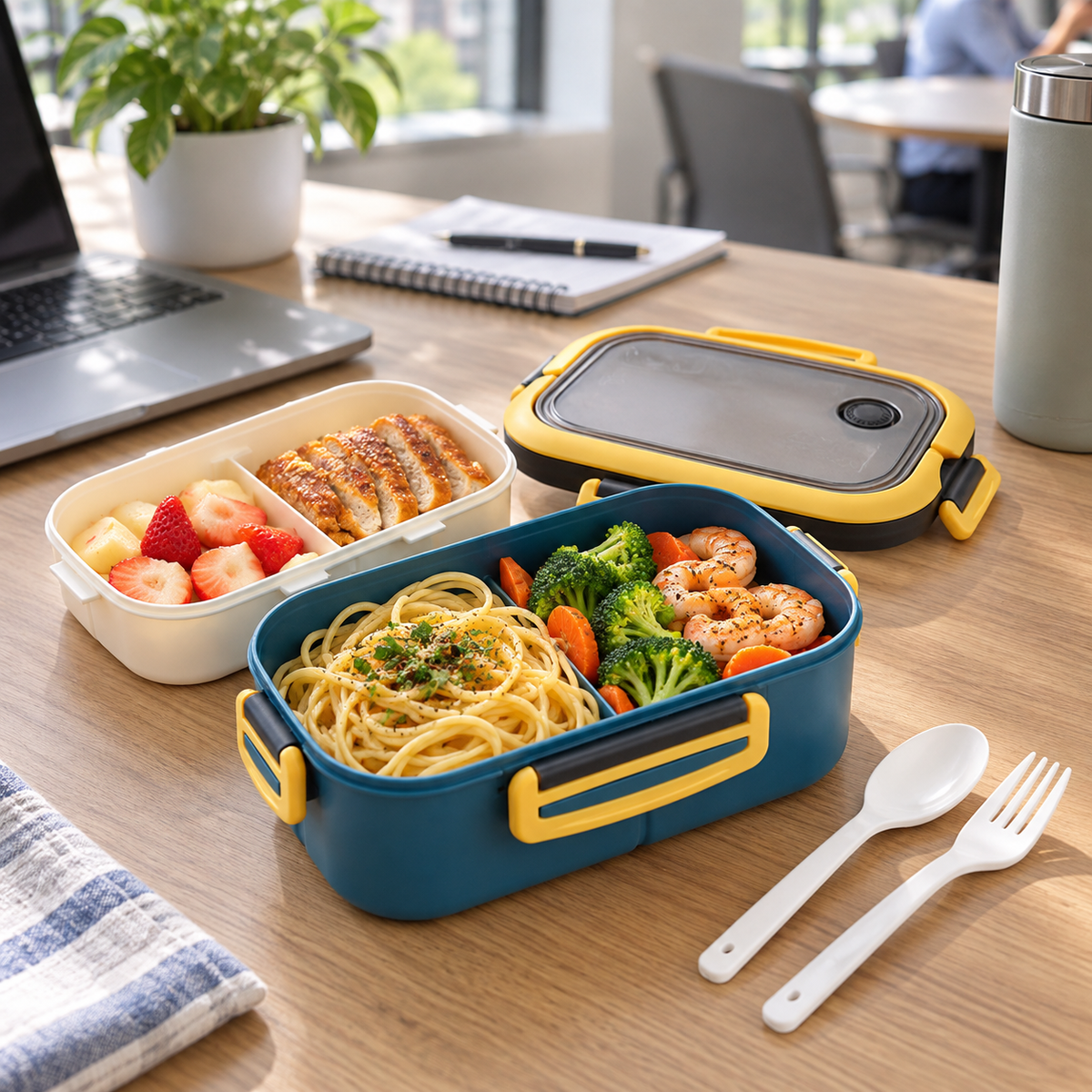 Blue and yellow double-layer compartment lunch box open with a packed office meal