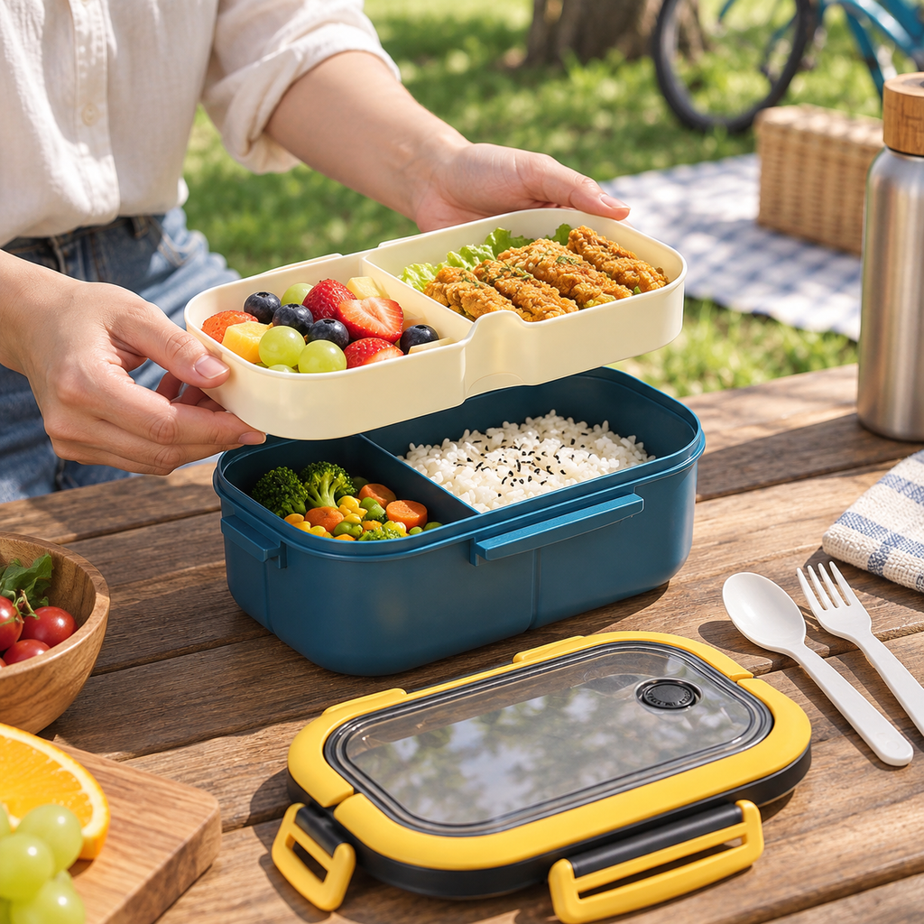 Blue and yellow double-layer lunch box with removable tray at a park picnic