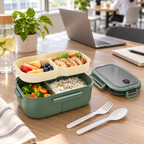 Green double-layer compartment lunch box open with a packed meal in a modern office