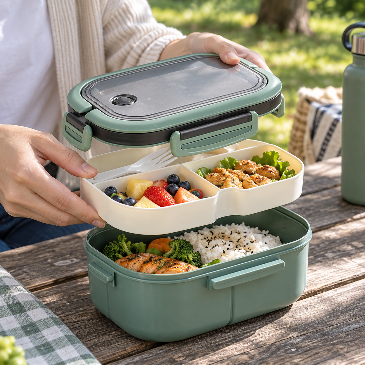 Green double-layer lunch box with removable food tray at a park picnic table