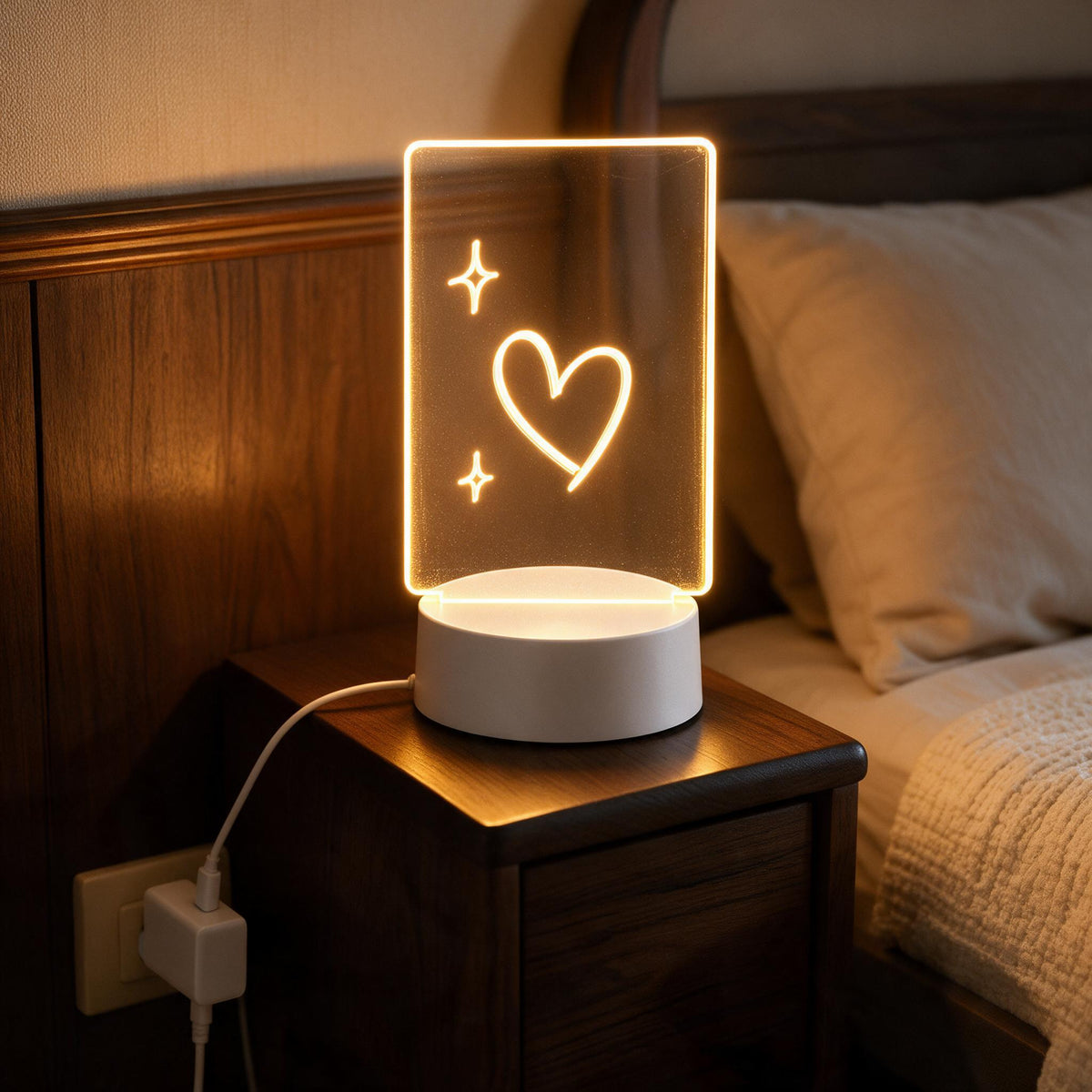 The compact message board lamp on its small base connected to a USB cable.