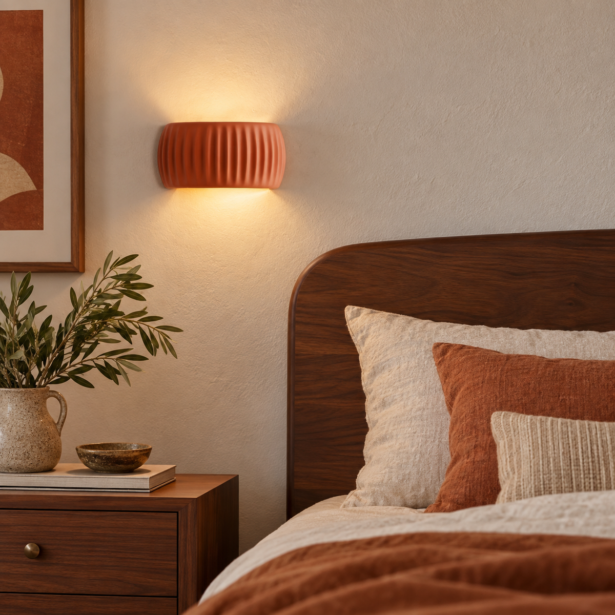 Brown orange French resin wall sconce providing warm bedside lighting