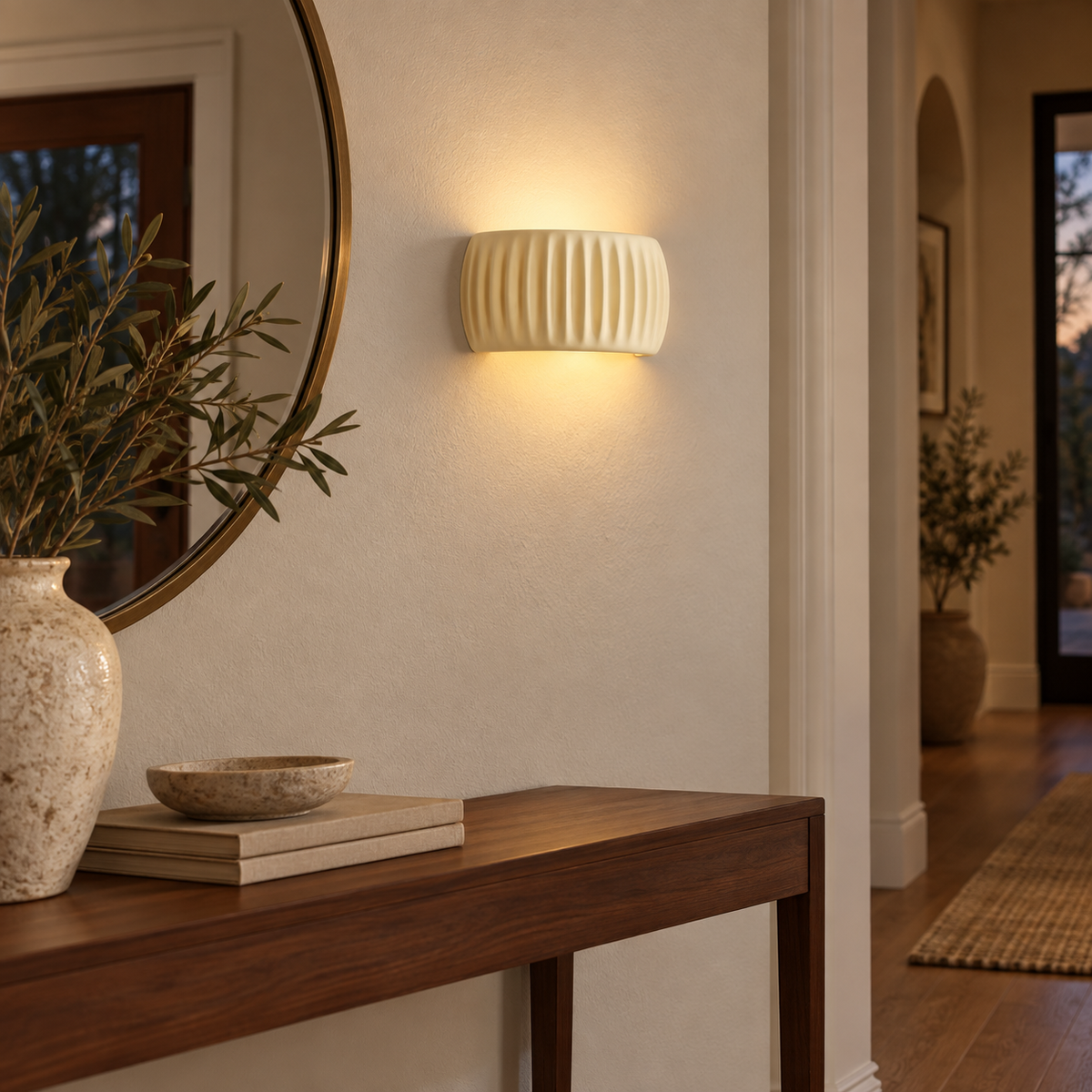 Cream French resin wall sconce illuminating an entry hallway