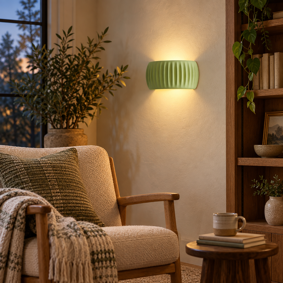 Green French resin wall sconce beside a living room reading chair