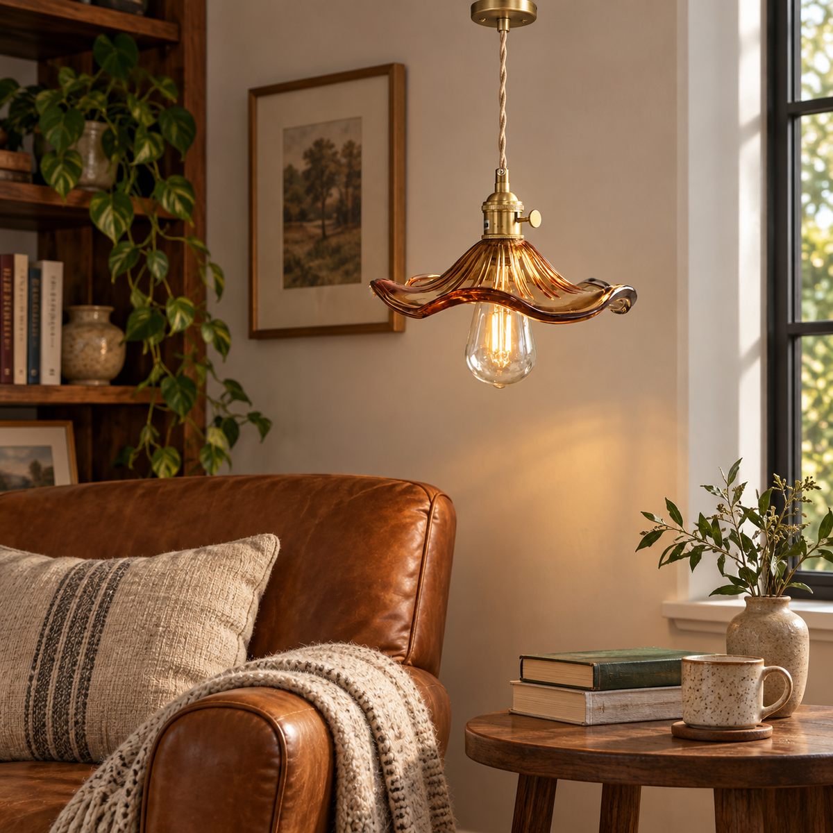 Amber glass pendant light illuminating a cozy reading corner