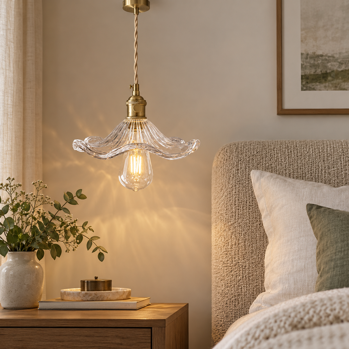 Clear glass and antique brass pendant used as a bedside hanging light