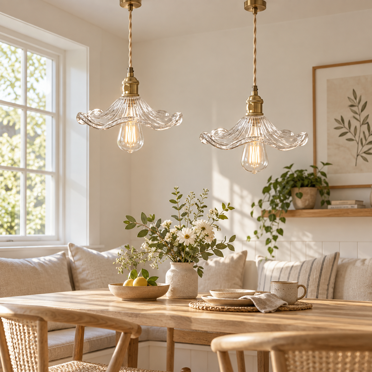 Two clear glass pendant lights above a Scandinavian breakfast nook