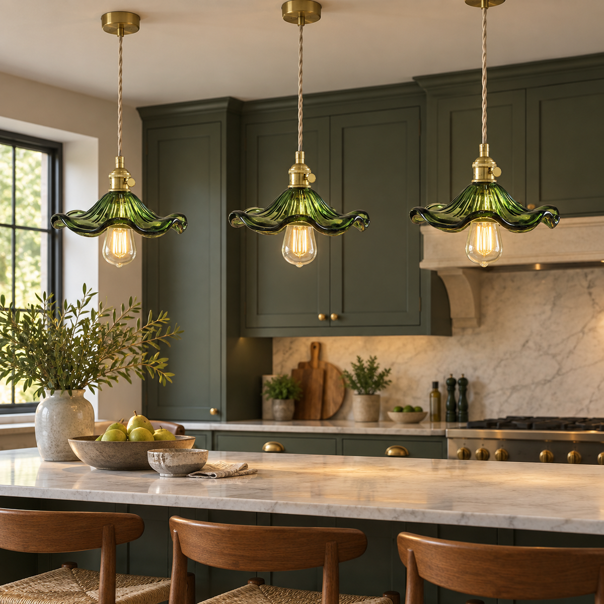 Three green glass pendant lights above a stone kitchen island