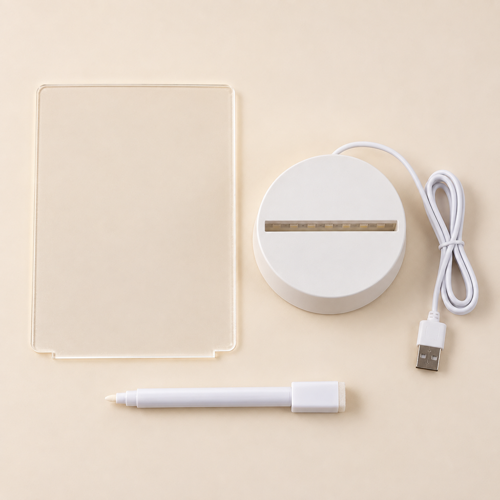 GlowNote package contents with acrylic panel, USB LED base, and erasable marker
