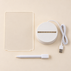 GlowNote package contents with acrylic panel, USB LED base, and erasable marker
