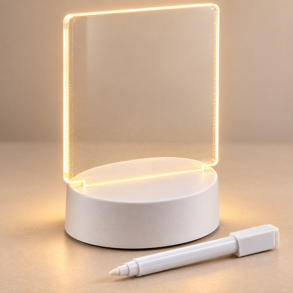 Close-up of GlowNote acrylic panel, white LED base, and erasable marker