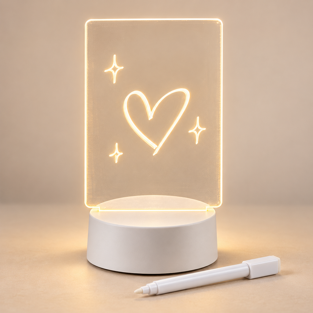 GlowNote LED message board lamp with warm light, heart drawing, and erasable marker