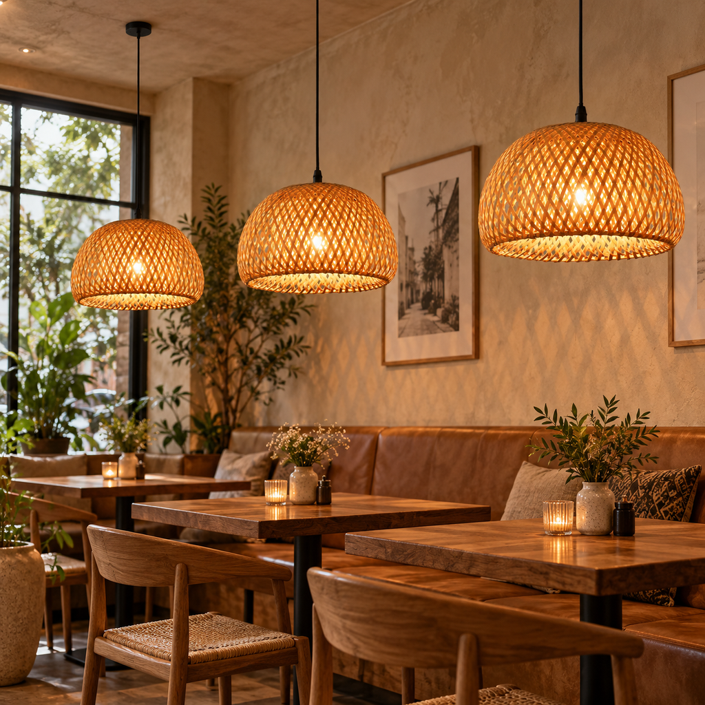 Handwoven bamboo pendant lights in a warm natural cafe interior