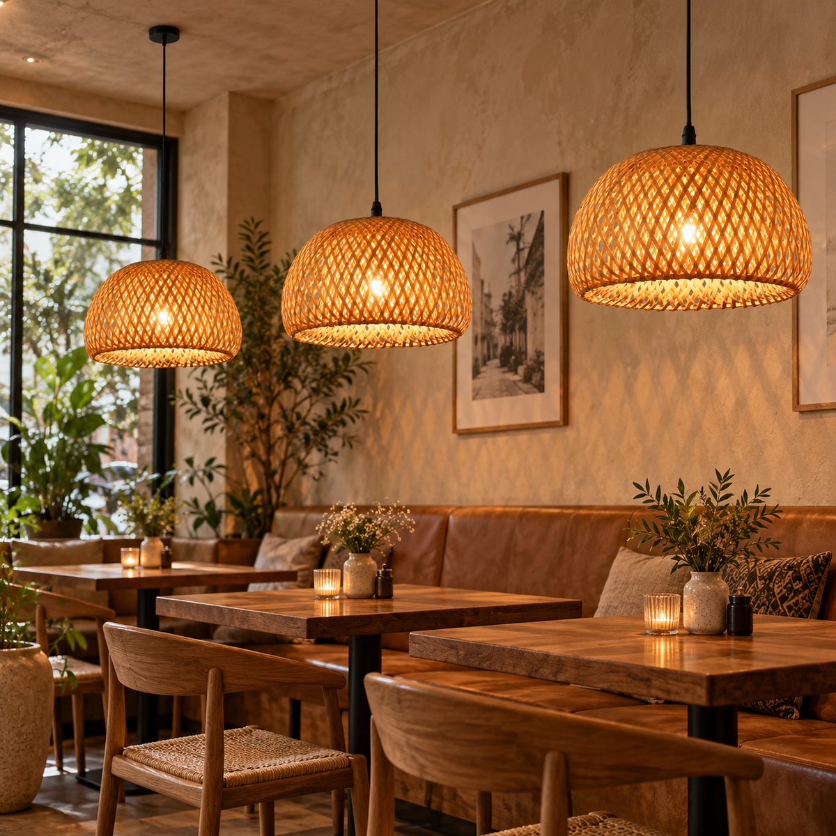 Handwoven bamboo pendant lights in a warm natural cafe interior