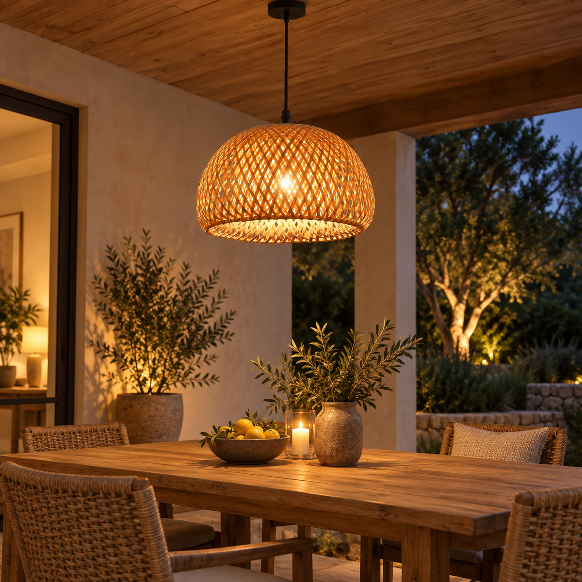 Handwoven bamboo pendant light above a covered patio dining table
