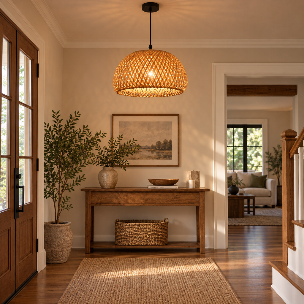 Handwoven bamboo pendant light installed in a welcoming home entryway