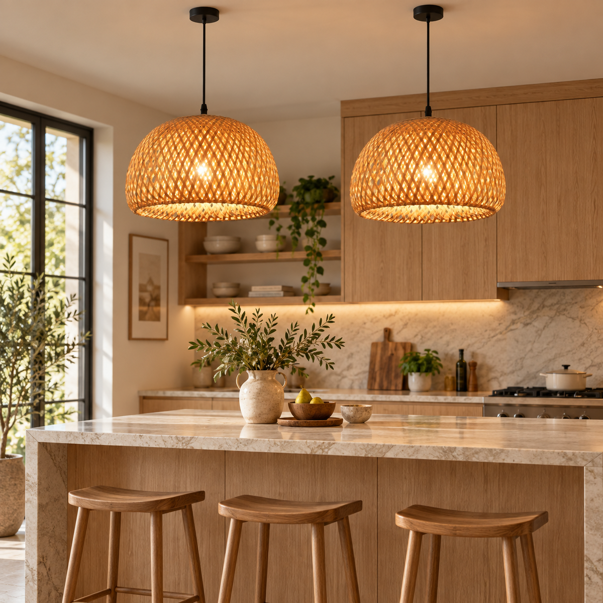 Pair of handwoven bamboo pendant lights above a modern kitchen island