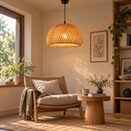 Handwoven bamboo pendant light illuminating a cozy reading nook
