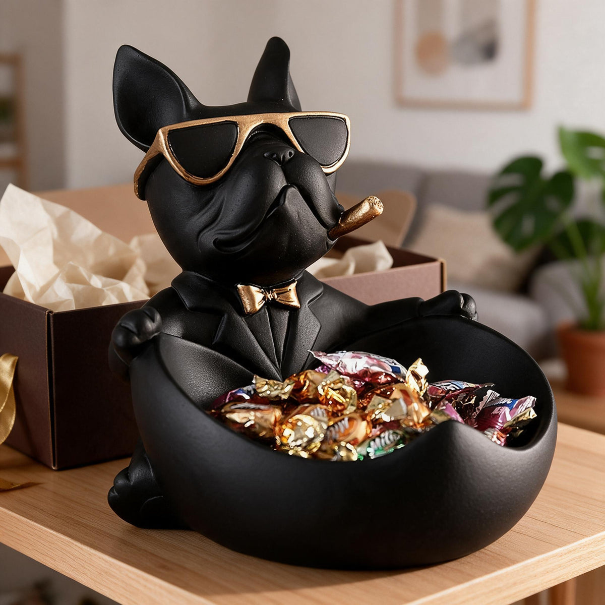 French bulldog resin coin bank statue displayed as a gift on a shelf.