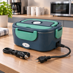 Electric heated lunch box with EU two-round-pin mains plug and car cable