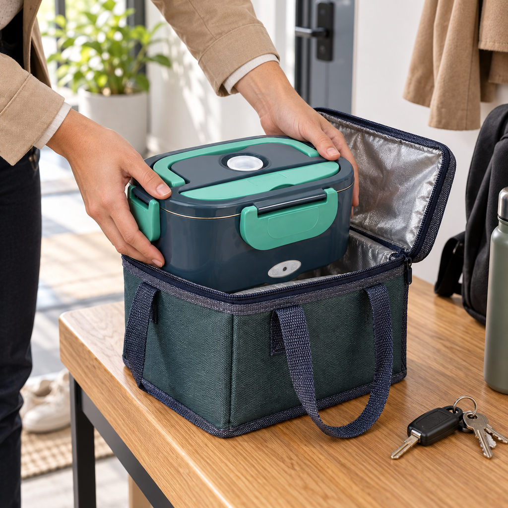 Electric heated lunch box being packed into its insulated carry bag