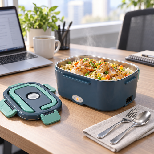1.5L electric heated lunch box serving a hot meal at an office desk