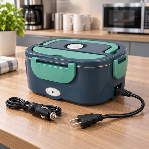 Electric heated lunch box with US two-flat-pin mains plug and car cable
