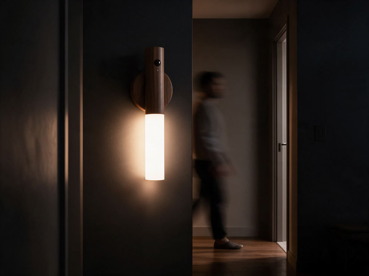 Motion sensor LED light glowing in a dark hallway