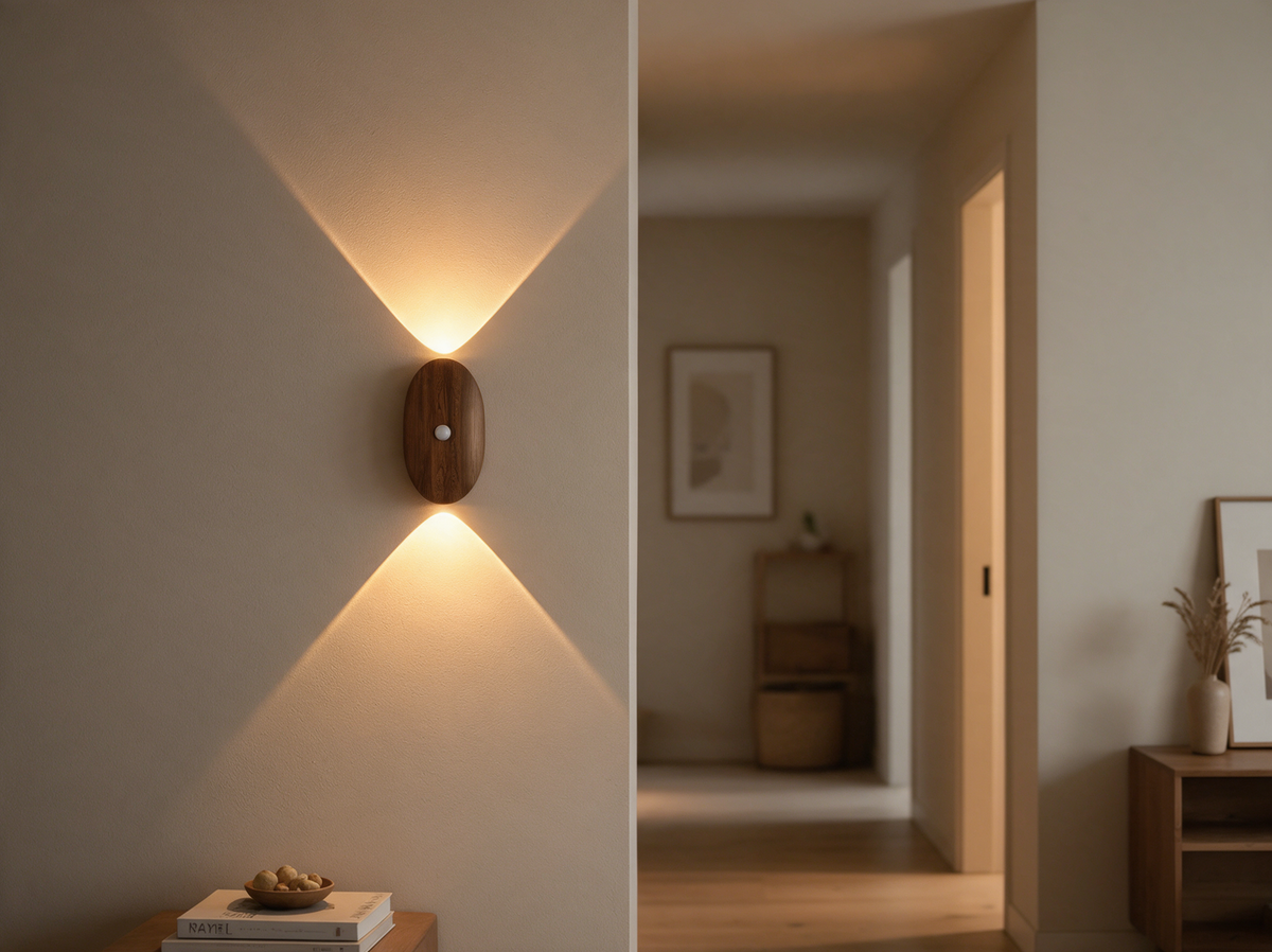 Wooden motion sensor light mounted in a hallway