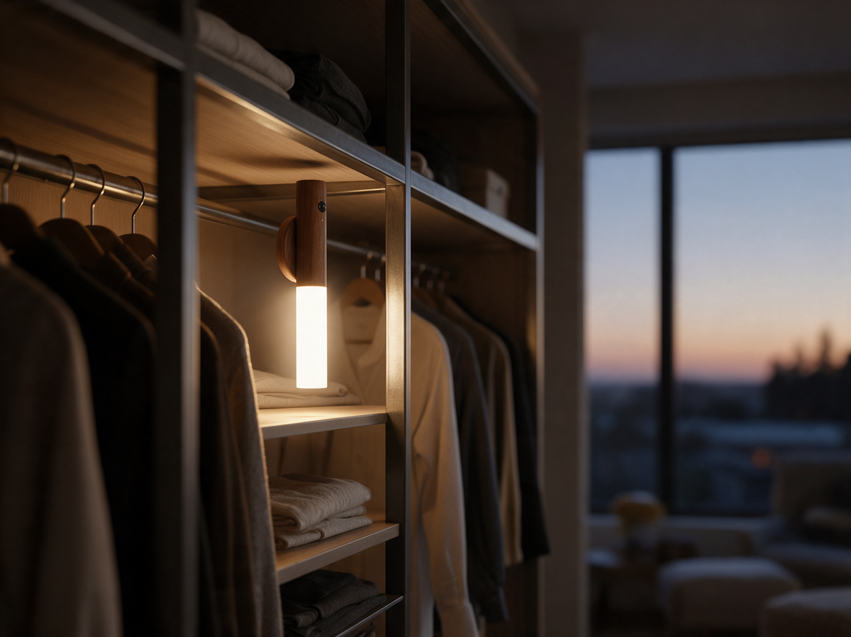 Magnetic LED light mounted in a walk-in closet