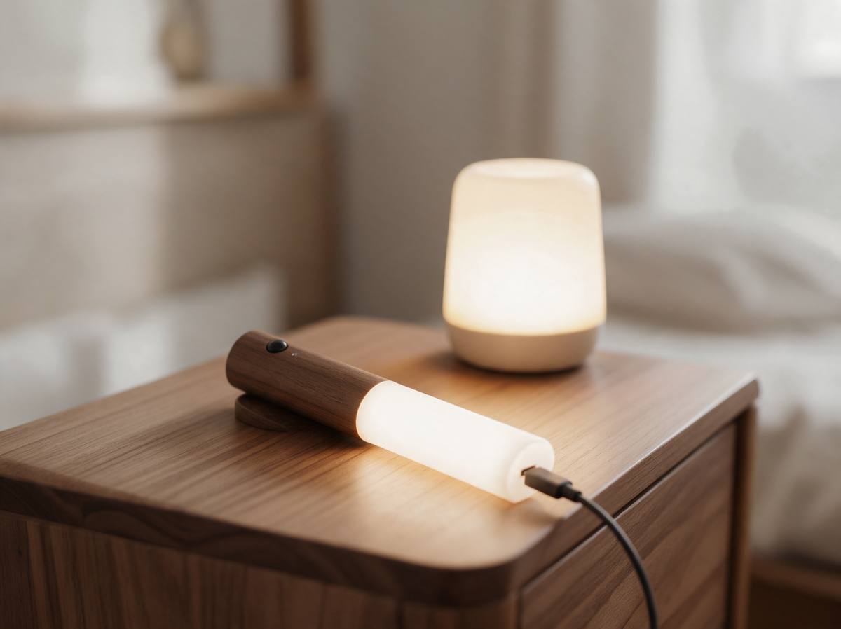 USB cable charging the magnetic LED light on a nightstand