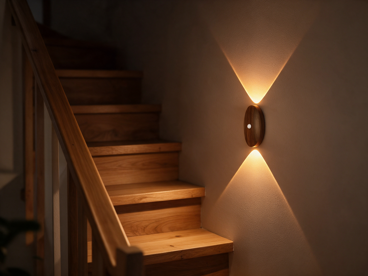 Wall light mounted beside a wooden staircase