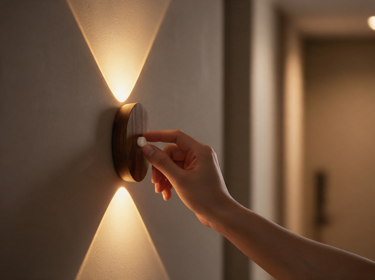 Hand adjusting the dimmer on a wooden wall light