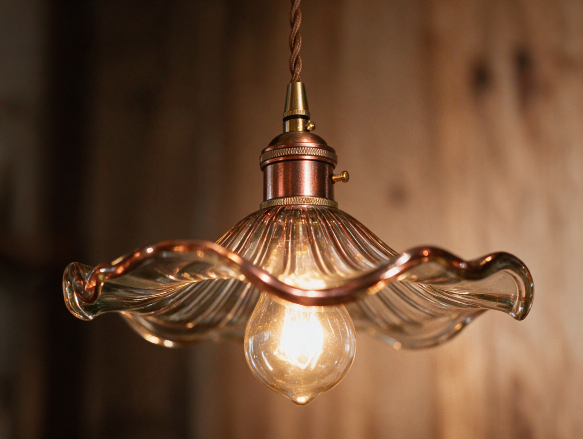Close-up of copper trim on a glass pendant light