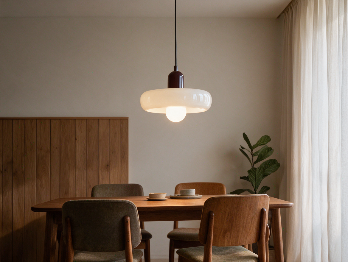 Bauhaus-style glass pendant chandelier over a dining table