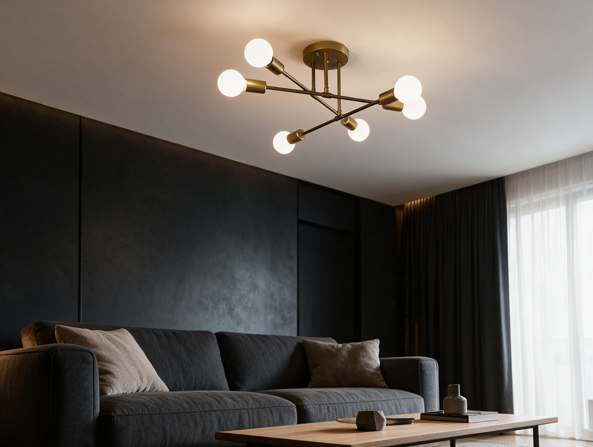 Black and gold pendant chandelier in a modern living room