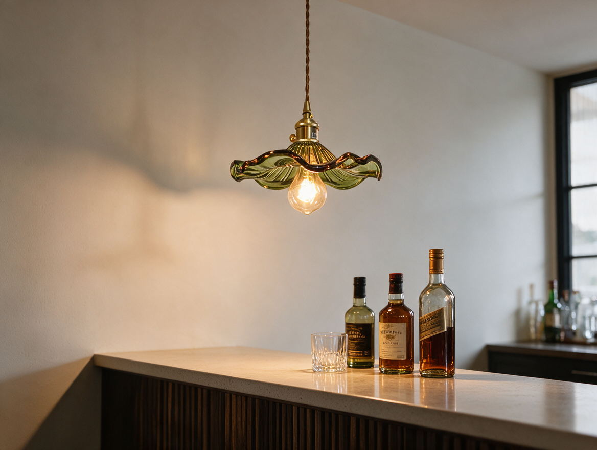 Pendant light hanging above a home bar area