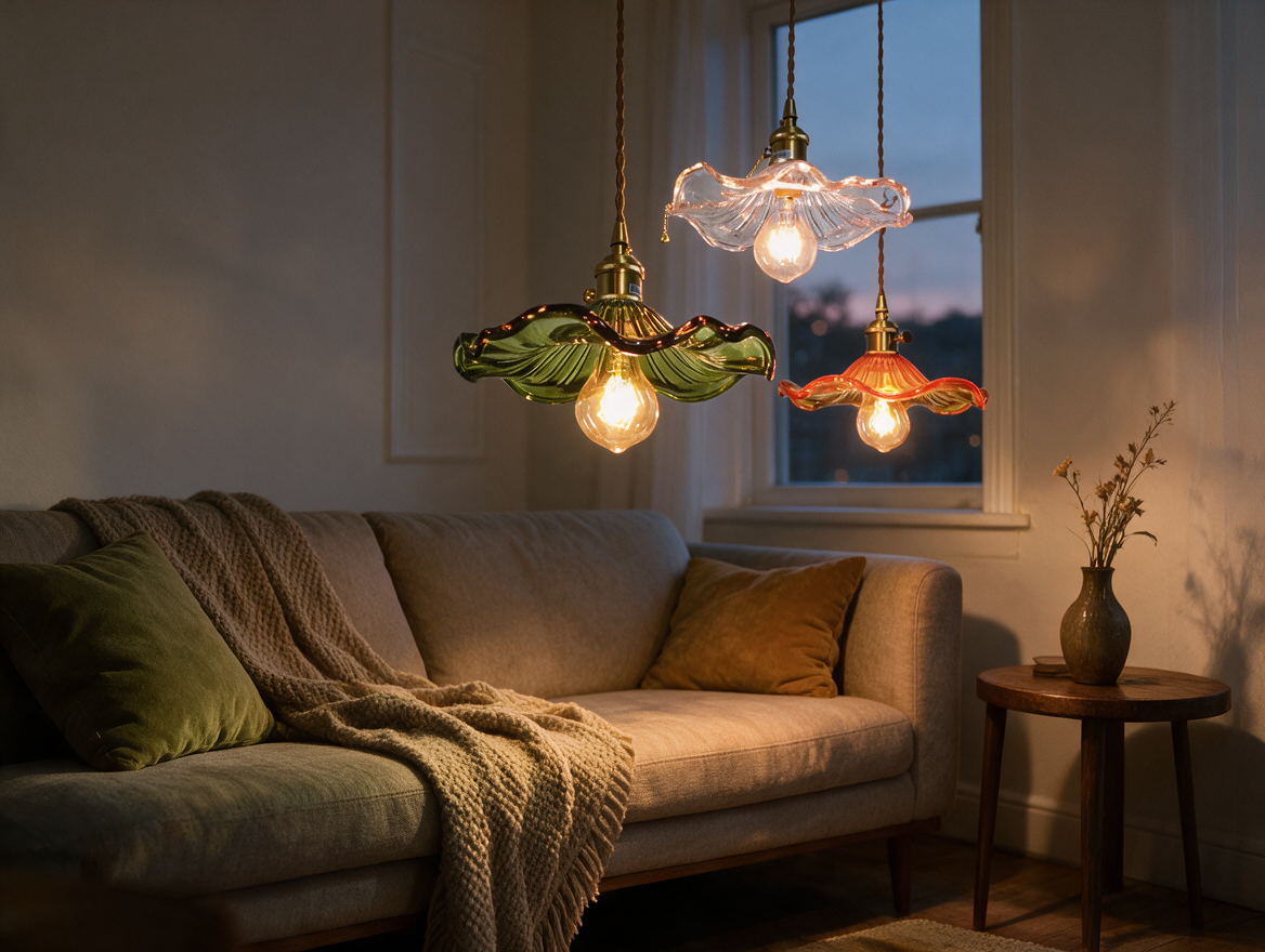 Colorful glass pendant light casting a soft glow