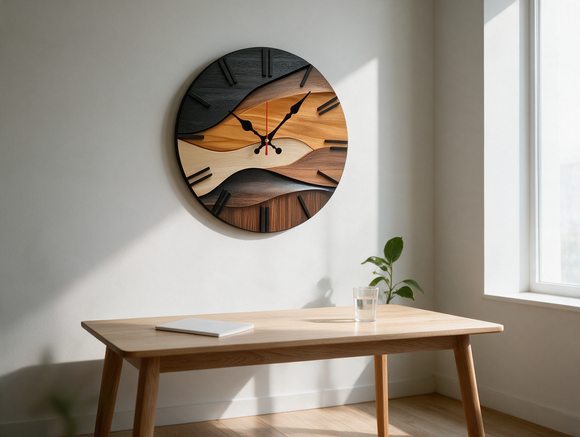Round Nordic wall clock in a quiet home office