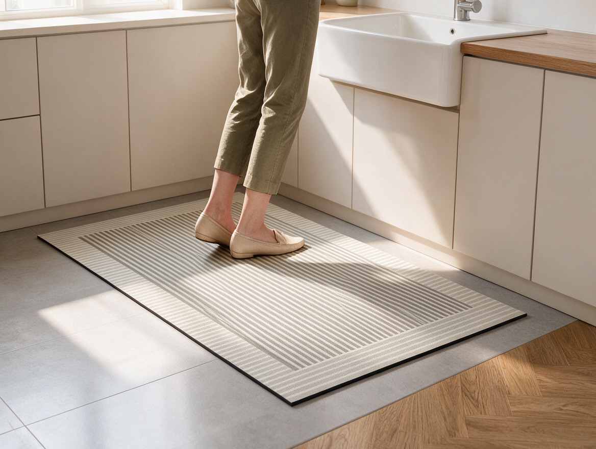 Kitchen mat placed in front of sink on tile floor