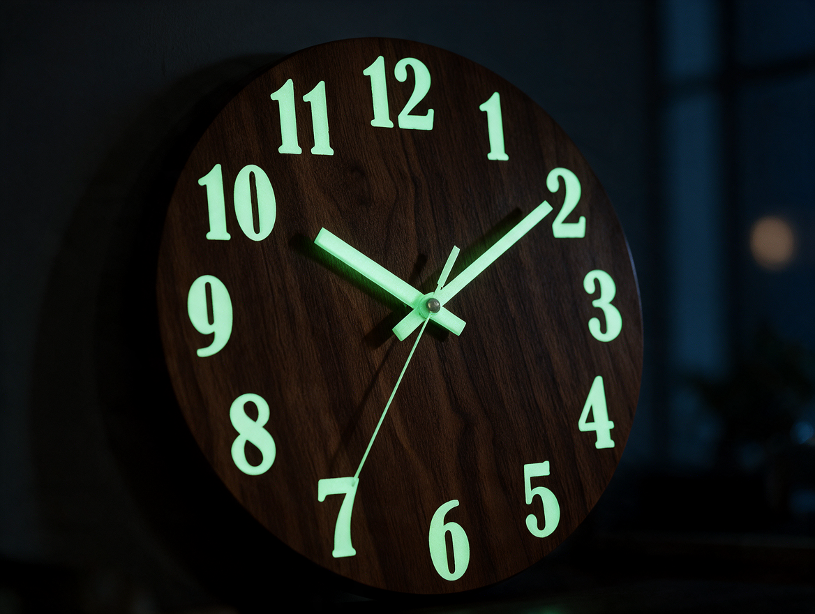 Wooden wall clock hands glowing in a dark room