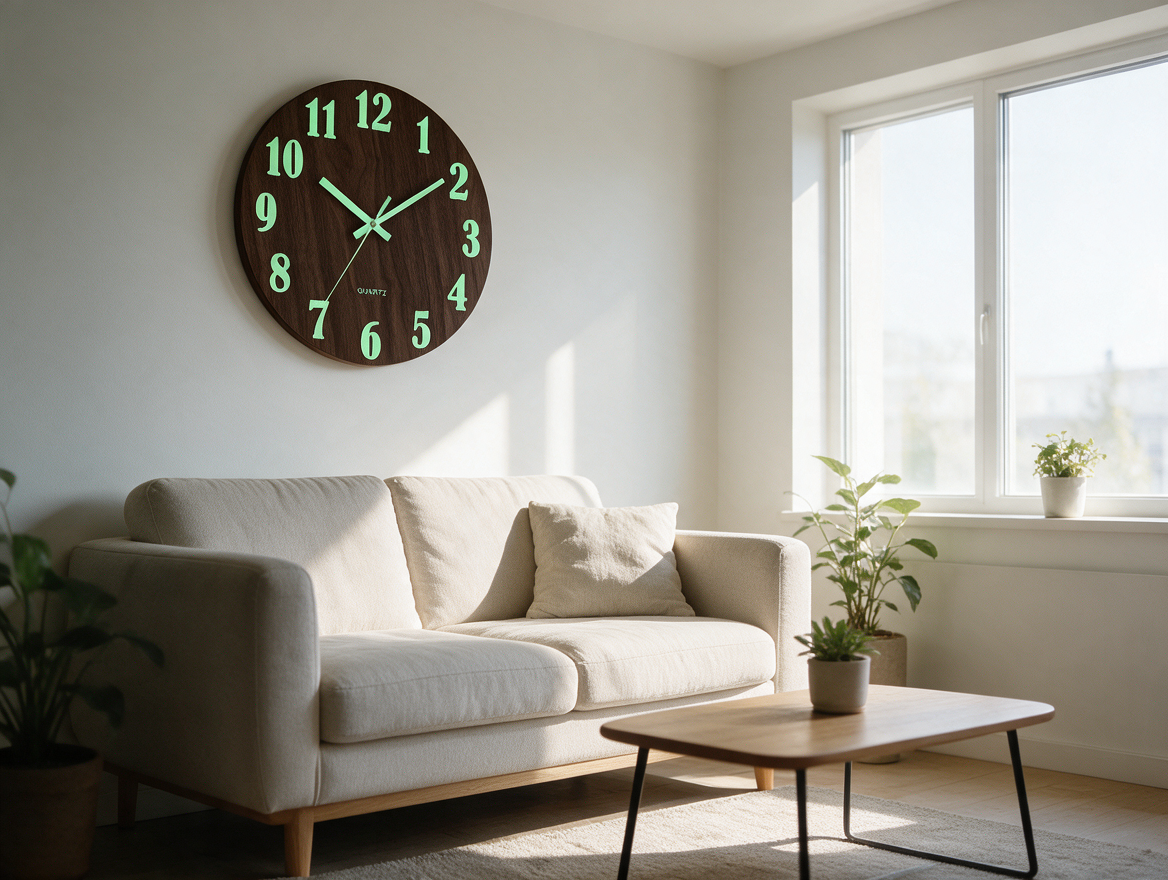 Circular wooden wall clock in a living room