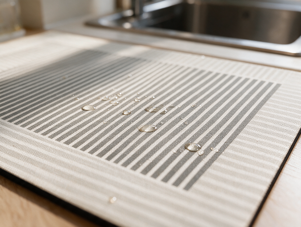 Water droplets absorbing into diatomite kitchen mat surface
