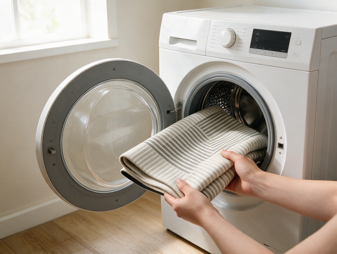 Kitchen mat being placed into a washing machine