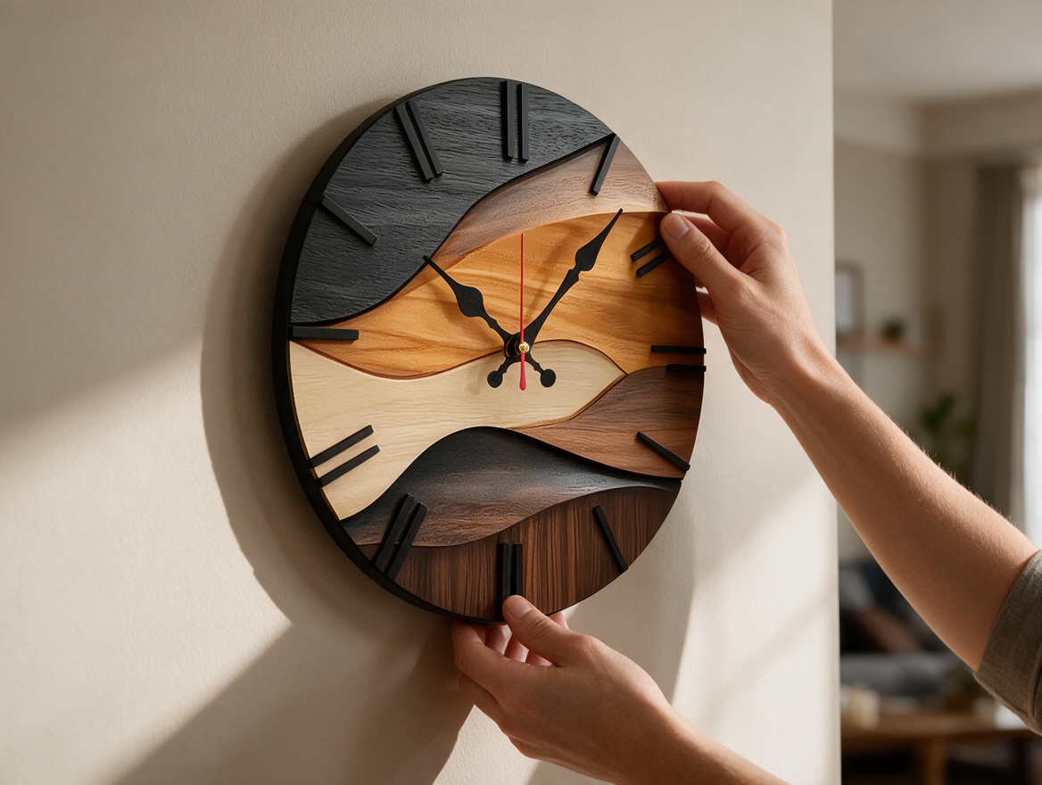 Wall clock being hung on a living room wall