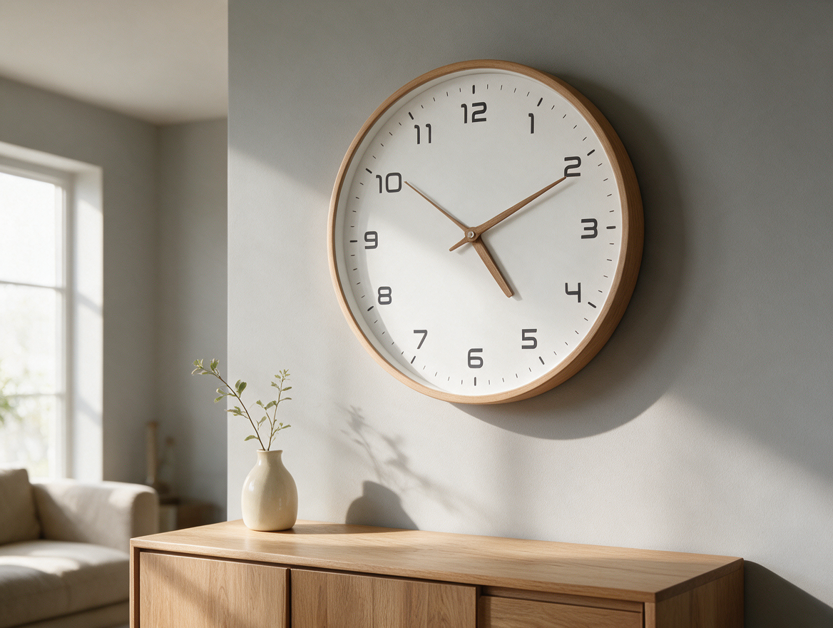 Wooden wall clock in a minimalist Nordic living room